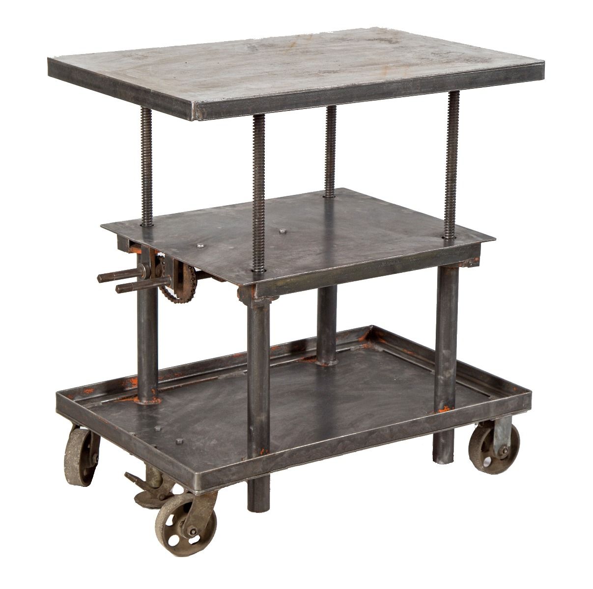 refinished adjustable height multi-tier factory machine shop barrett die cart with crank and brushed metal finish
