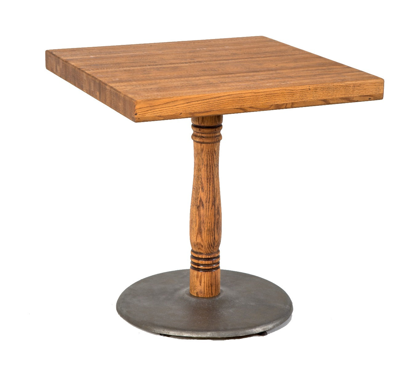 refinished freestanding multi-purpose stationary table with weighted steel base and solid oak wood tabletop