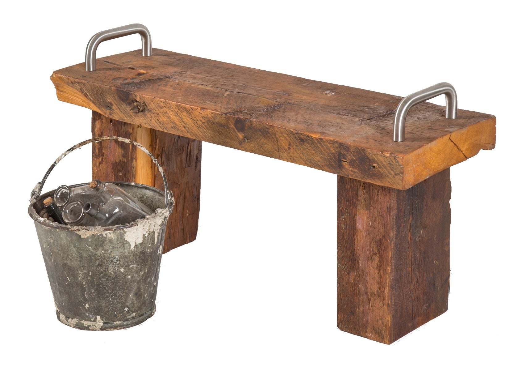 structurally sound and stable repurposed old growth pine wood sitting bench with salvaged chicago hospital door handles