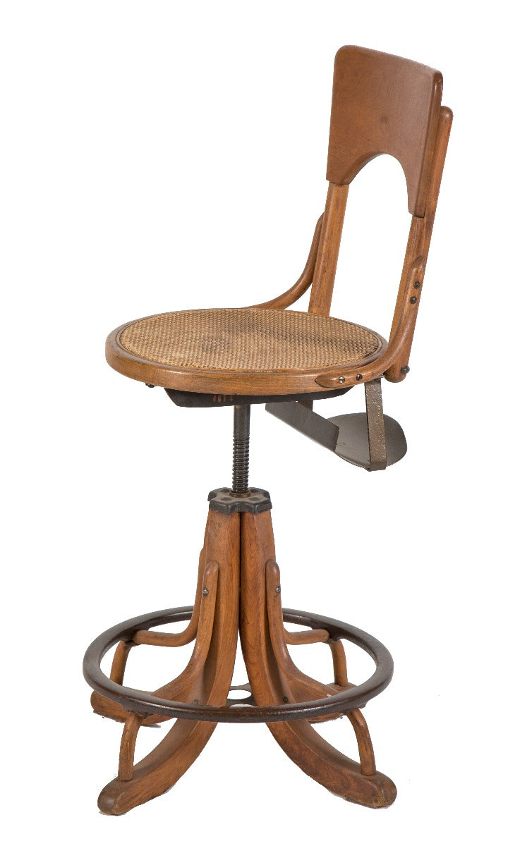 highly desirable fully functional adjustable height salvaged chicago switchboard operator stool with purse bracket