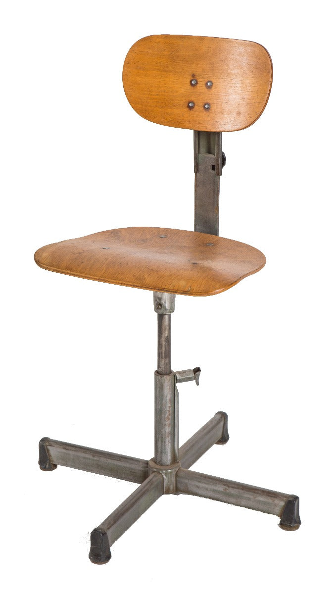 completely refinished single adjustable salvaged chicago factory stool with maple wood saddle seat and contoured backrest