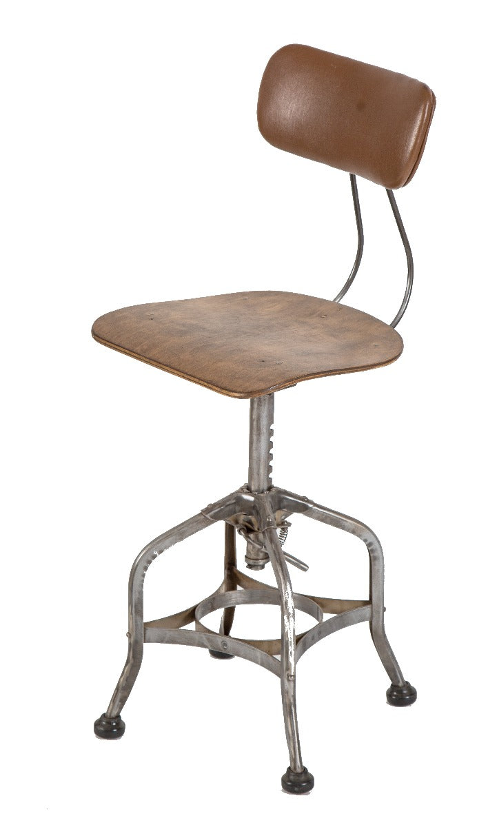 early 20th century refinished "uhl art steel" adjustable height stool with saddle seat and upholstered backrest