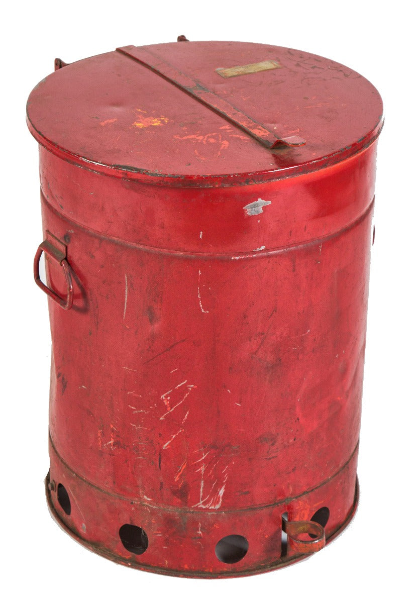 original c. 1930's salvaged chicago oversized "justrite" red enameled steel foot-operated factory oily rag waste can