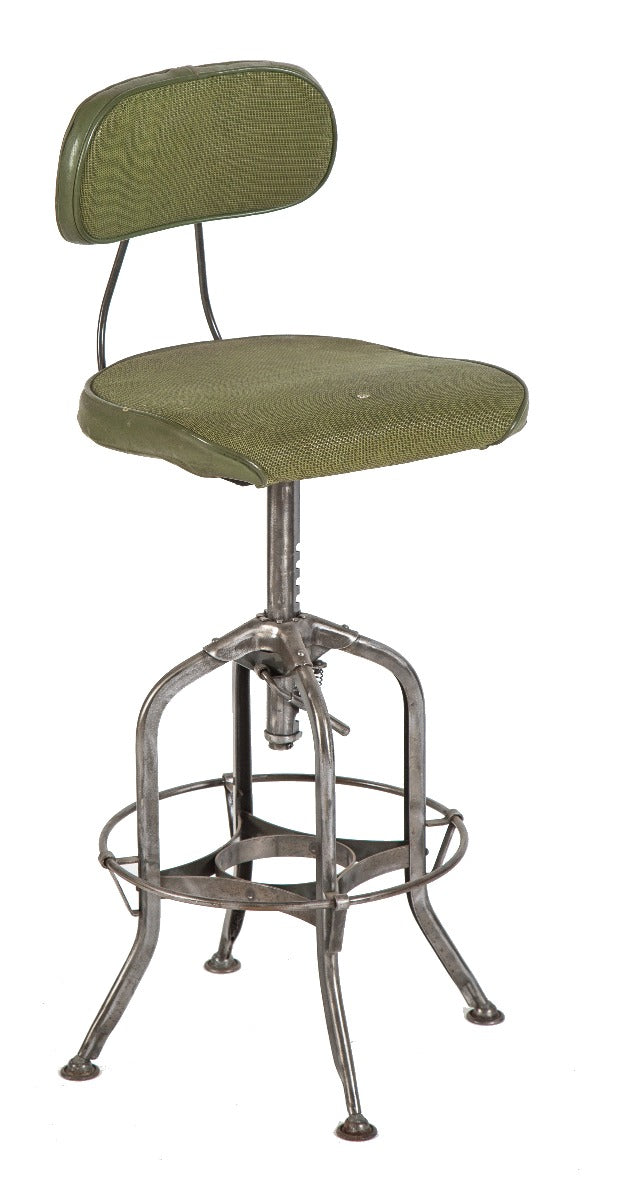 refinished adjustable height antique american industrial "uhl art steel" stool with padded seat and backrest