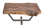 repurposed american industrial walnut wood coffee table with custom-built welded steel base