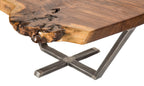 repurposed american industrial walnut wood coffee table with custom-built welded steel base