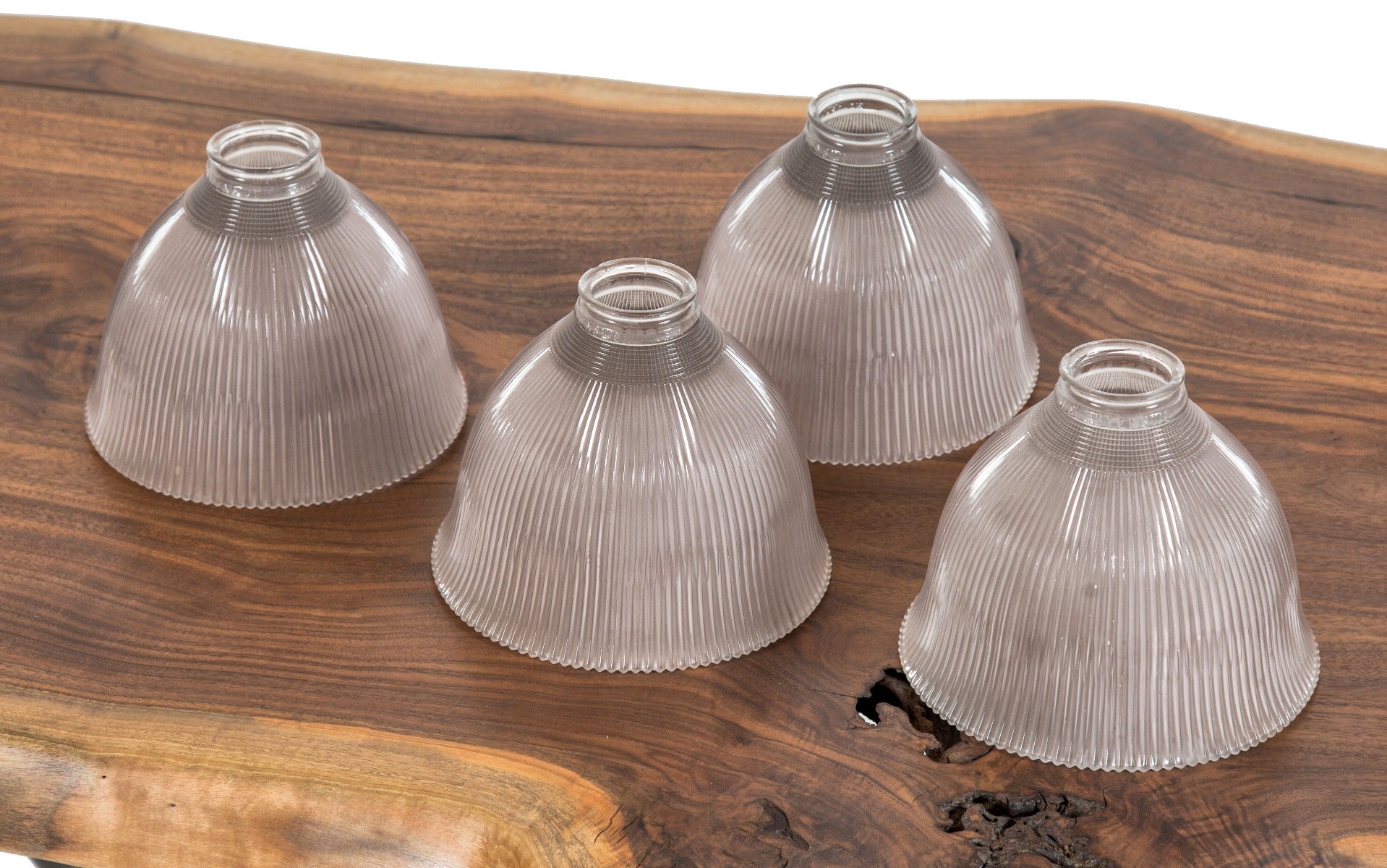 one of five matching hard to find early 20th century original domed and fluted holophane glass storefront lights