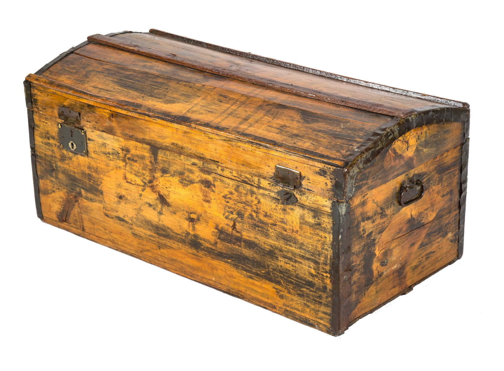 refinished early 20th century pine wood humpback trunk with strap iron edges and opposed drop handles