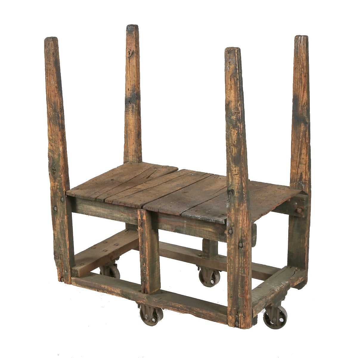 early 20th century nicely weathered and worn salvaged chicago millwork factory mobile cart with perforated casters