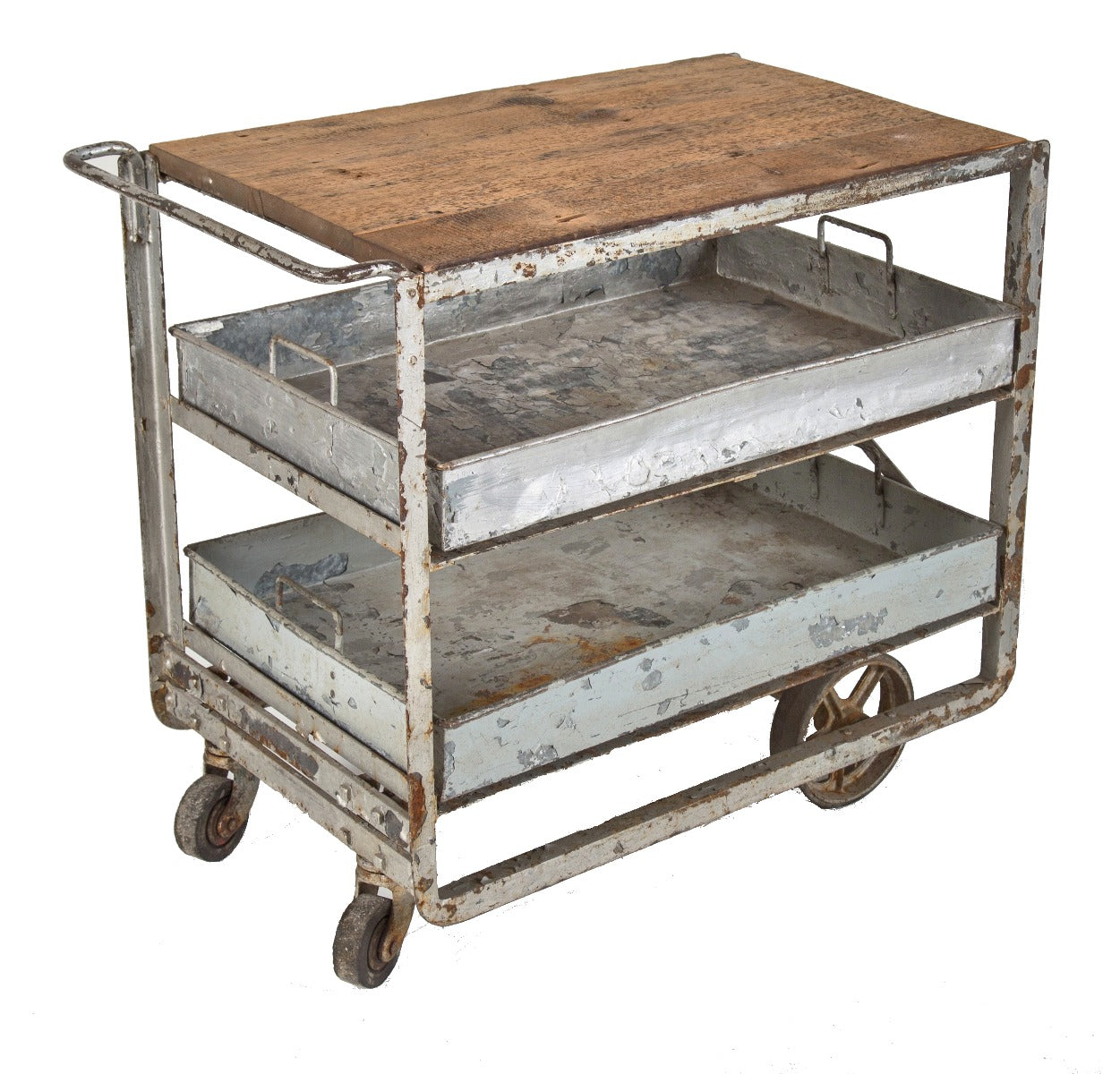 fully functional early 20th century salvaged chicago multi-tier shelving unit with nicely distressed wood top