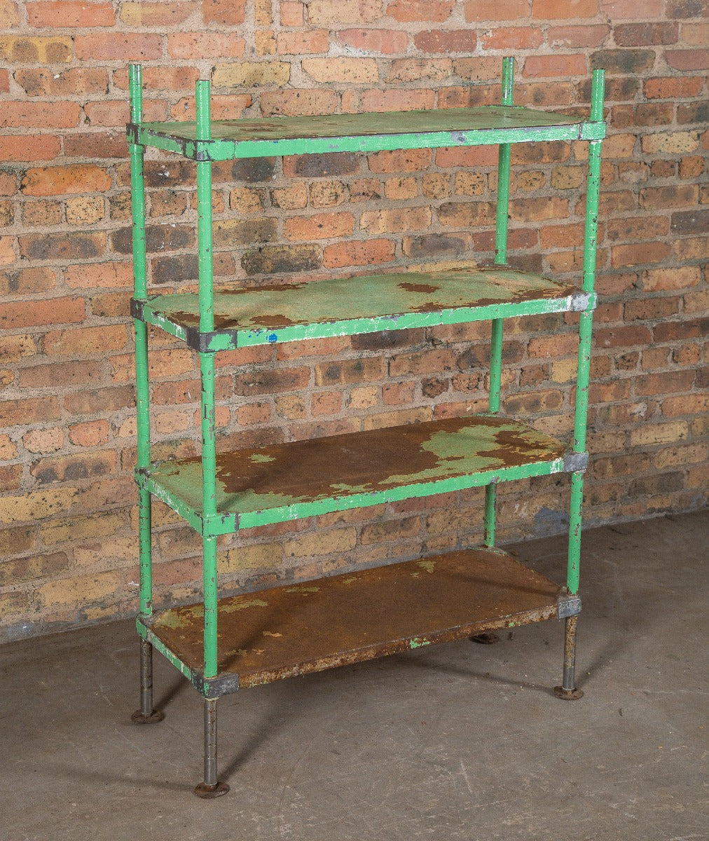 vintage american industrial salvaged chicago freestanding albert pick shelving unit with nicely worn green paint finish
