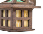 rare original and intact early 20th century salvaged chicago craftsman style varnished oak wood residential pedant light or lantern with slag glass