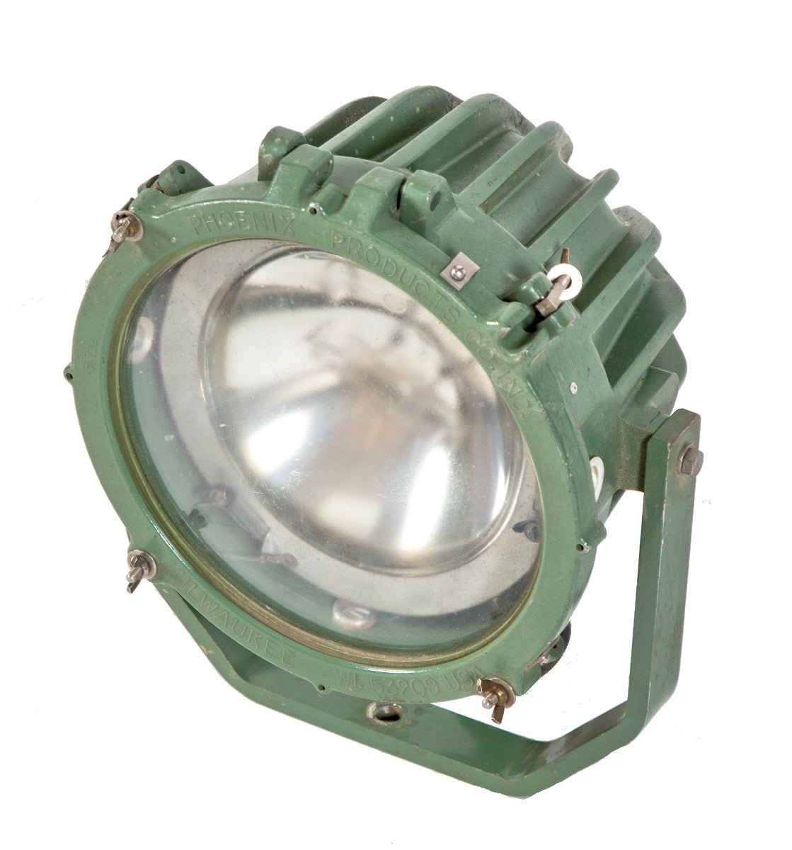 reinforced salvaged chicago green enameled steel trunnion mount spotlight with pressed glass convex lens
