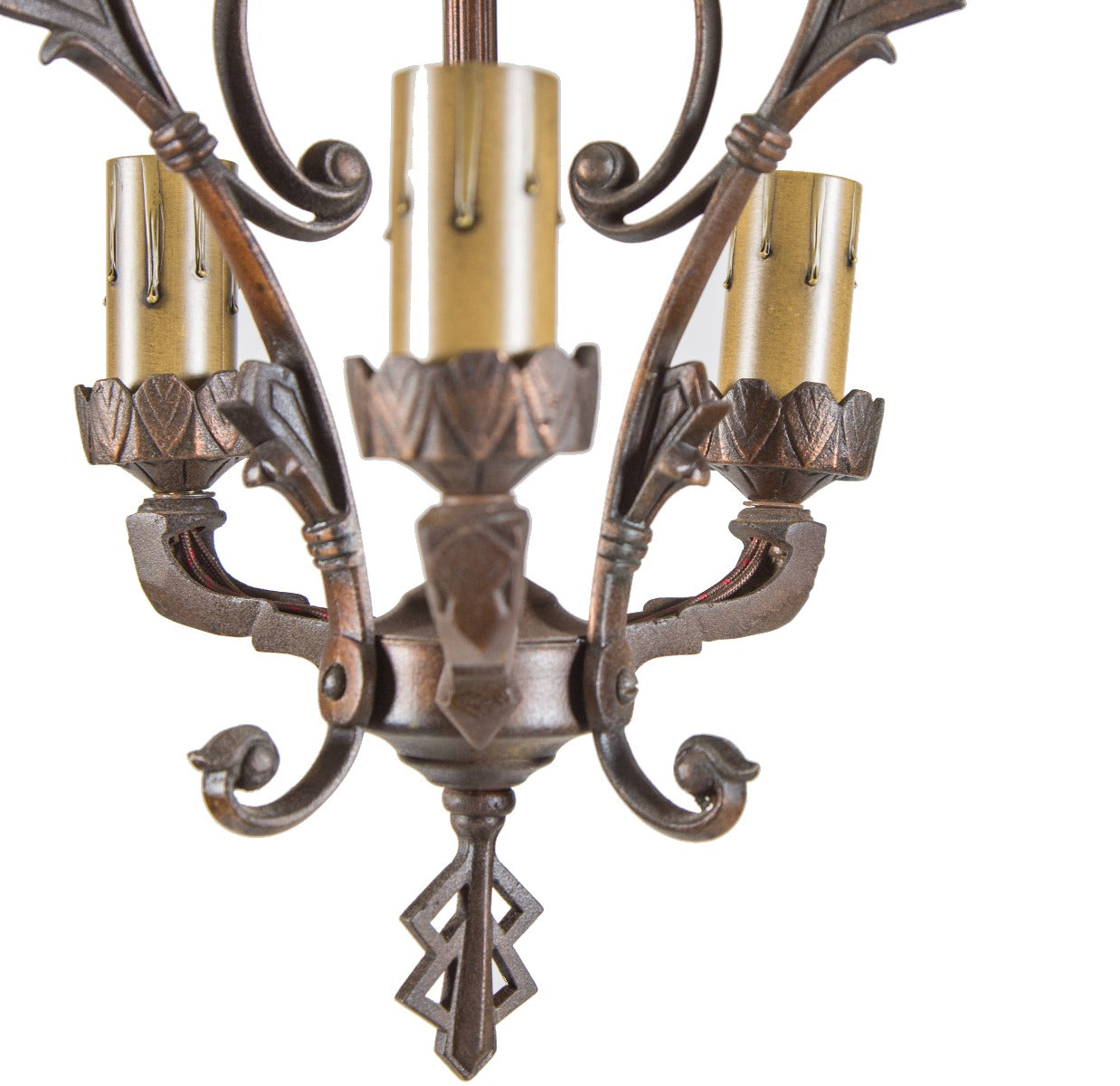 completely restored late 1920's art deco moe bridges three-light residential ceiling fixture with original canopy and finial