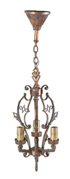 completely restored late 1920's art deco moe bridges three-light residential ceiling fixture with original canopy and finial