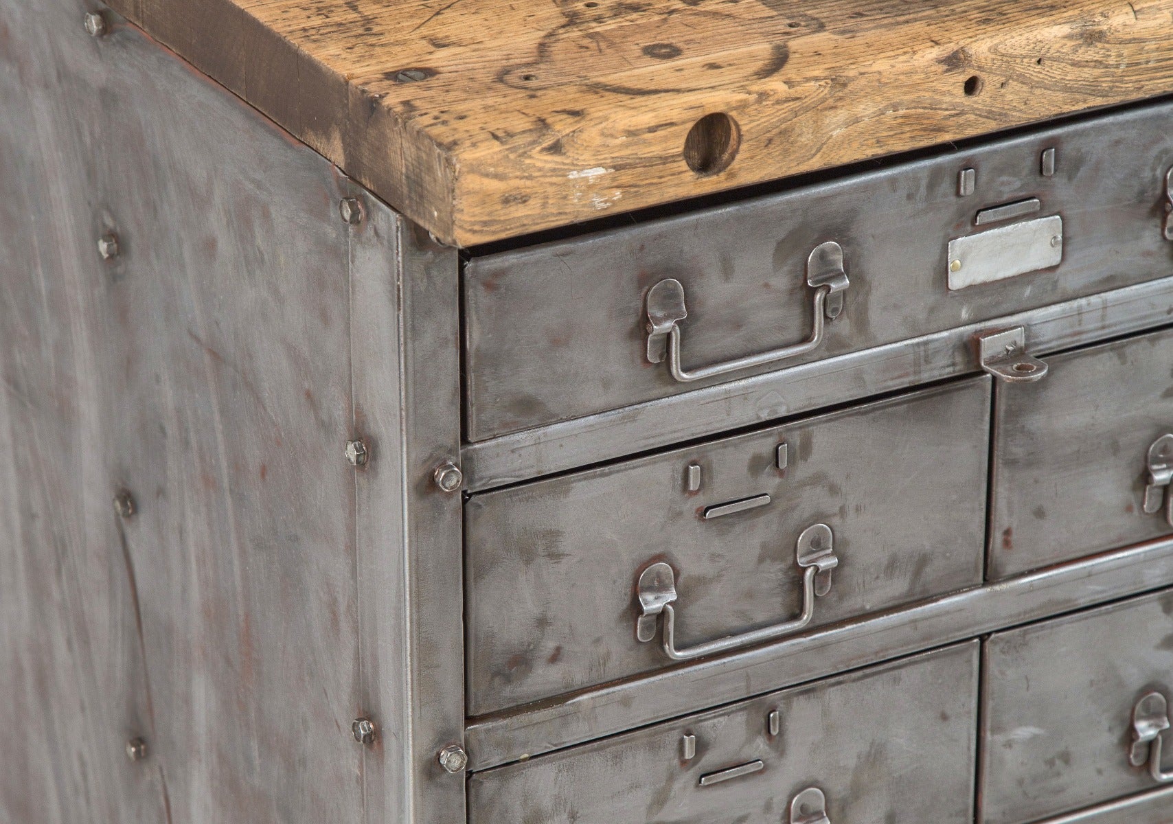 heavy duty vintage american industrial salvaged chicago multi-drawer steel factory machine shop cabinet with maple wood butcher block top