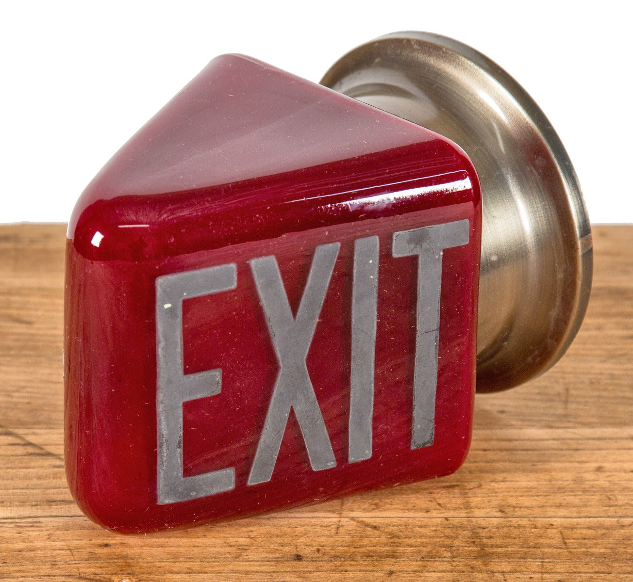 original american depression-era kopp ruby red glass wedge-shaped illuminated exit light with bold white lettering