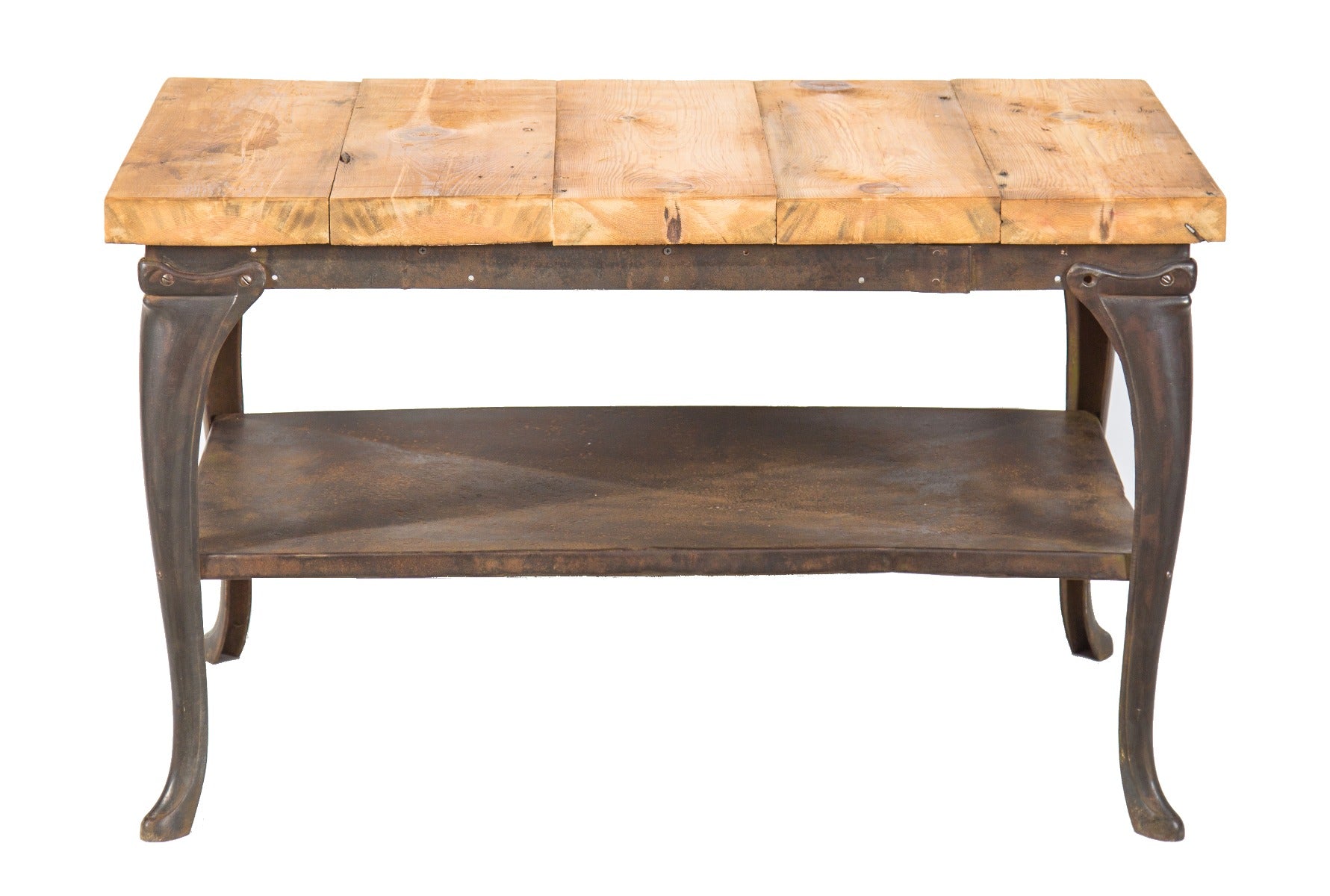 repurposed early 20th century cast iron and steel medical stand with cabriole legs and refinished old pine wood tabletop