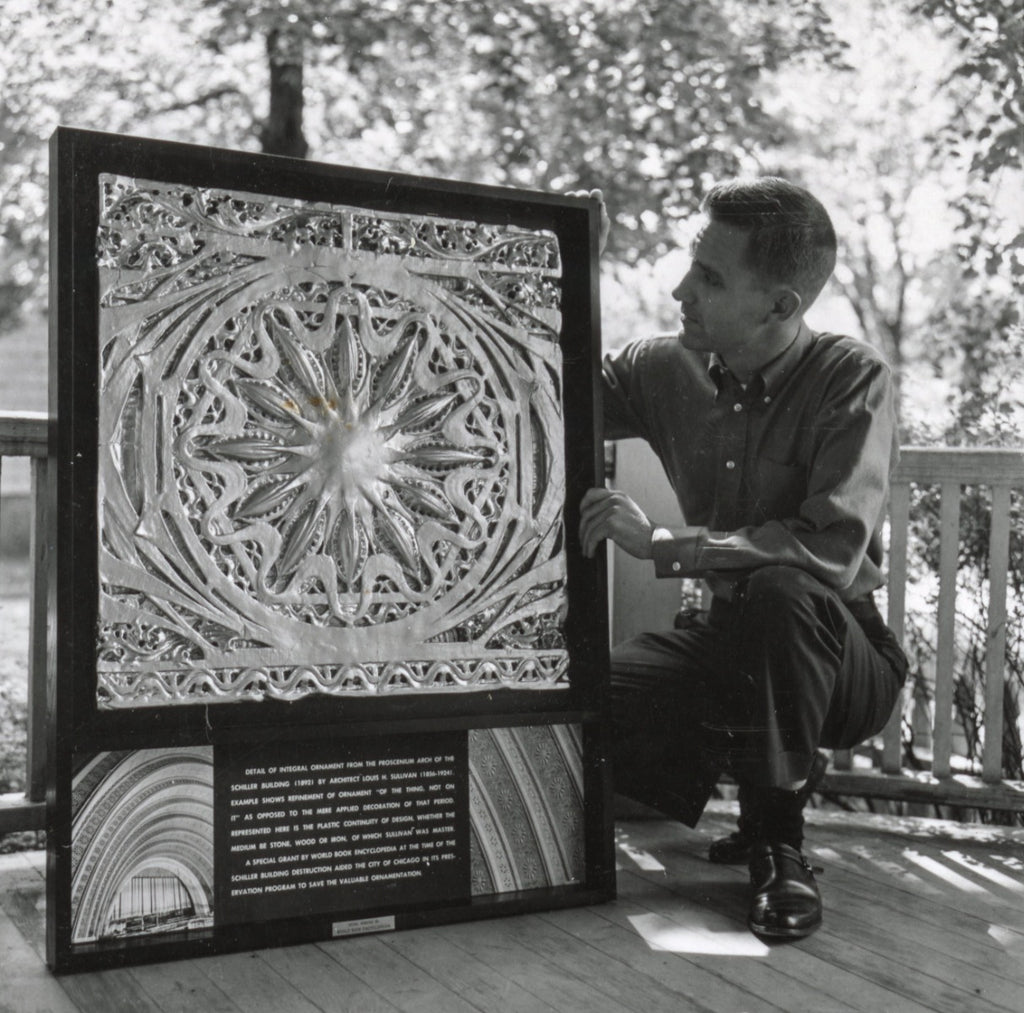 rare museum-quality 1961 world book encyclopedia custom shadowbox-framed schiller building theater plaster starpod with placard, plaque, and richard nickel images