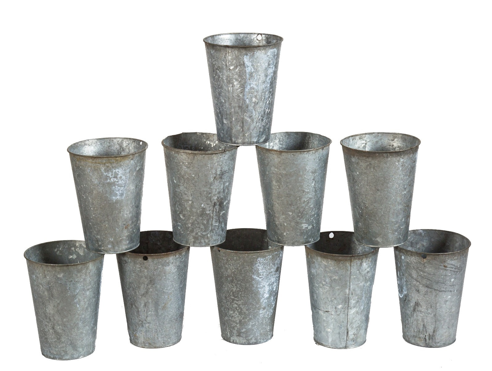 several matching pressed and folded galvanized steel salvaged chicago buckets with rolled rims