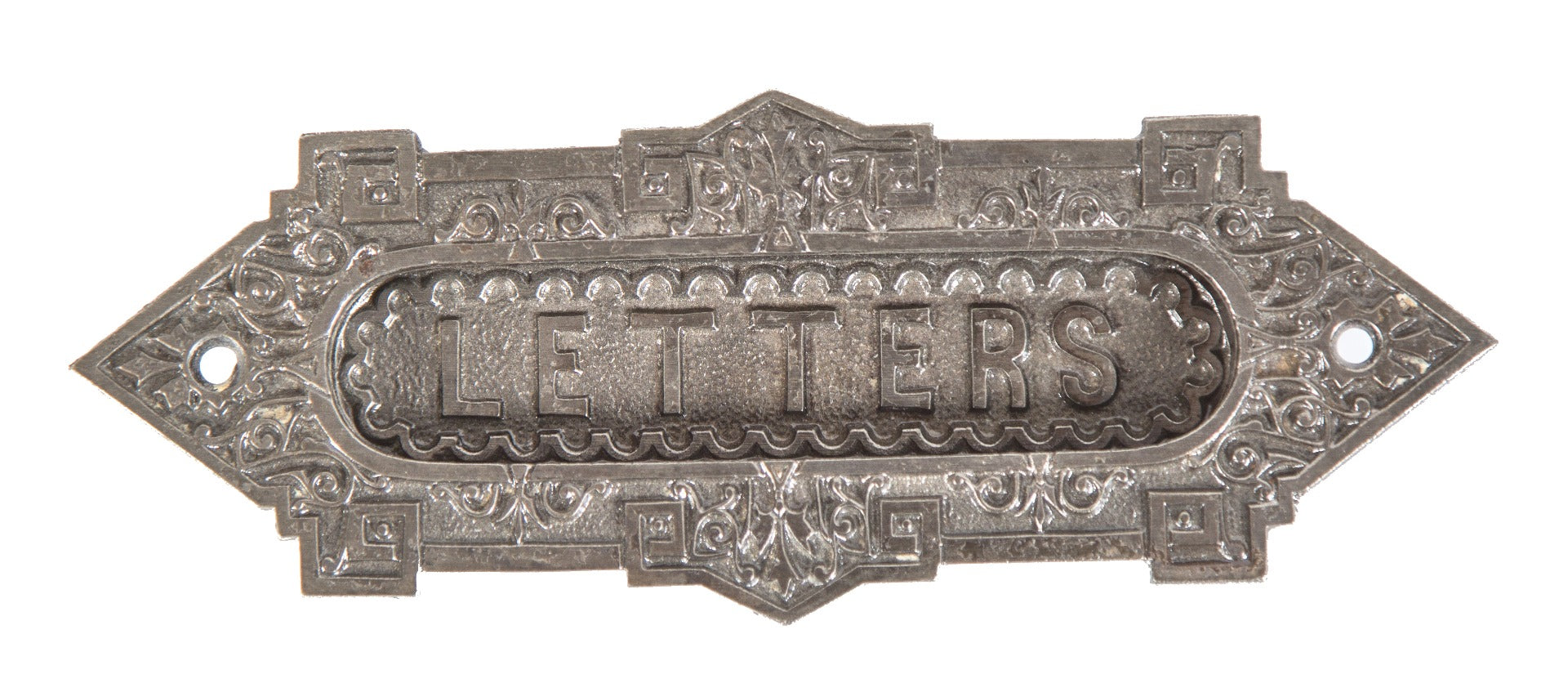 original 19th century american victorian era exterior residential ornamental cast iron "letters" mail slot