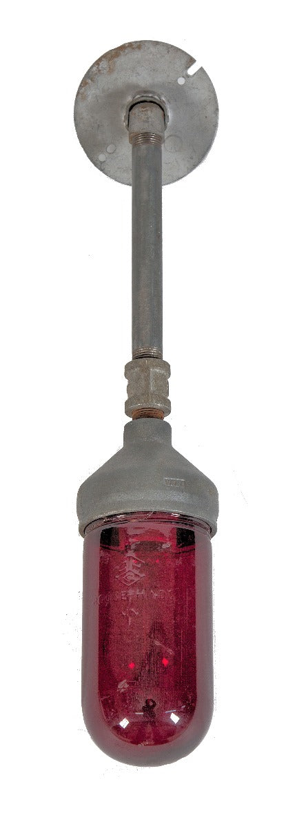 original vintage american industrial pivoting single electric ruby red glass globe factory pendant light