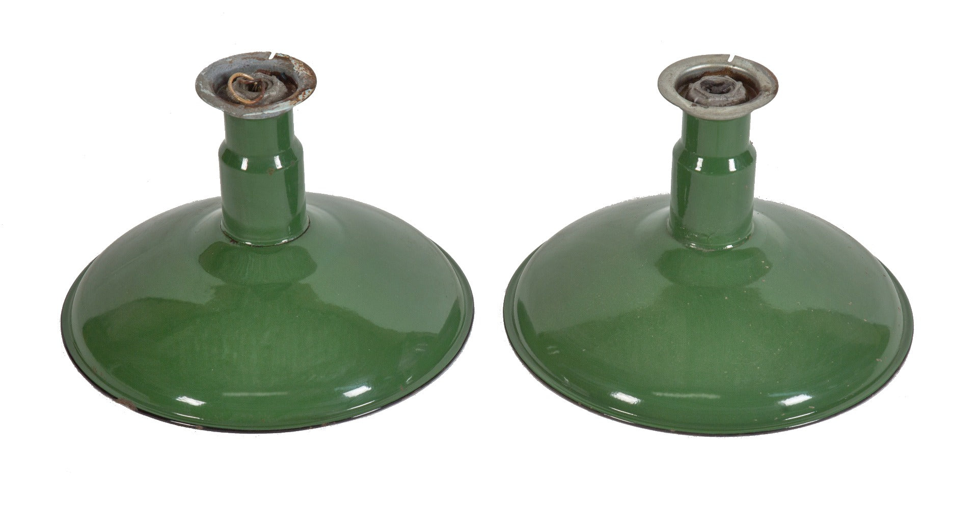 two matching "new old stock" green porcelain enameled steel salvaged chicago factory pendant lights