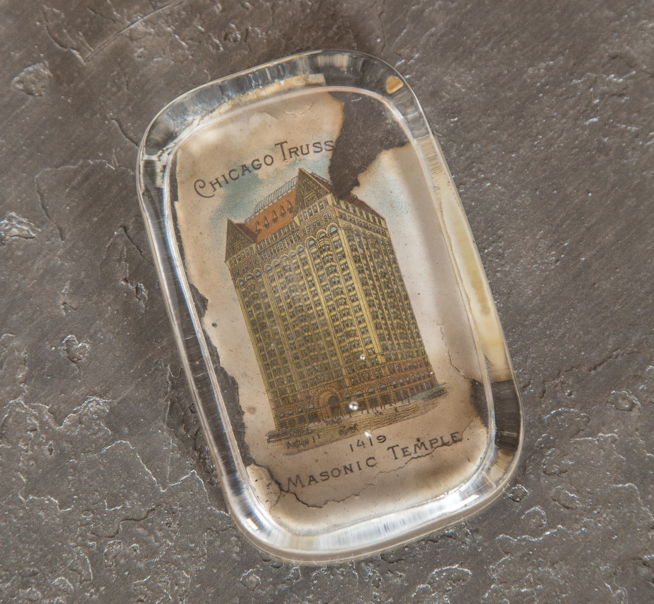 rare 19th century largely intact glass paperweight featuring burnham and root's masonic temple buildinf
