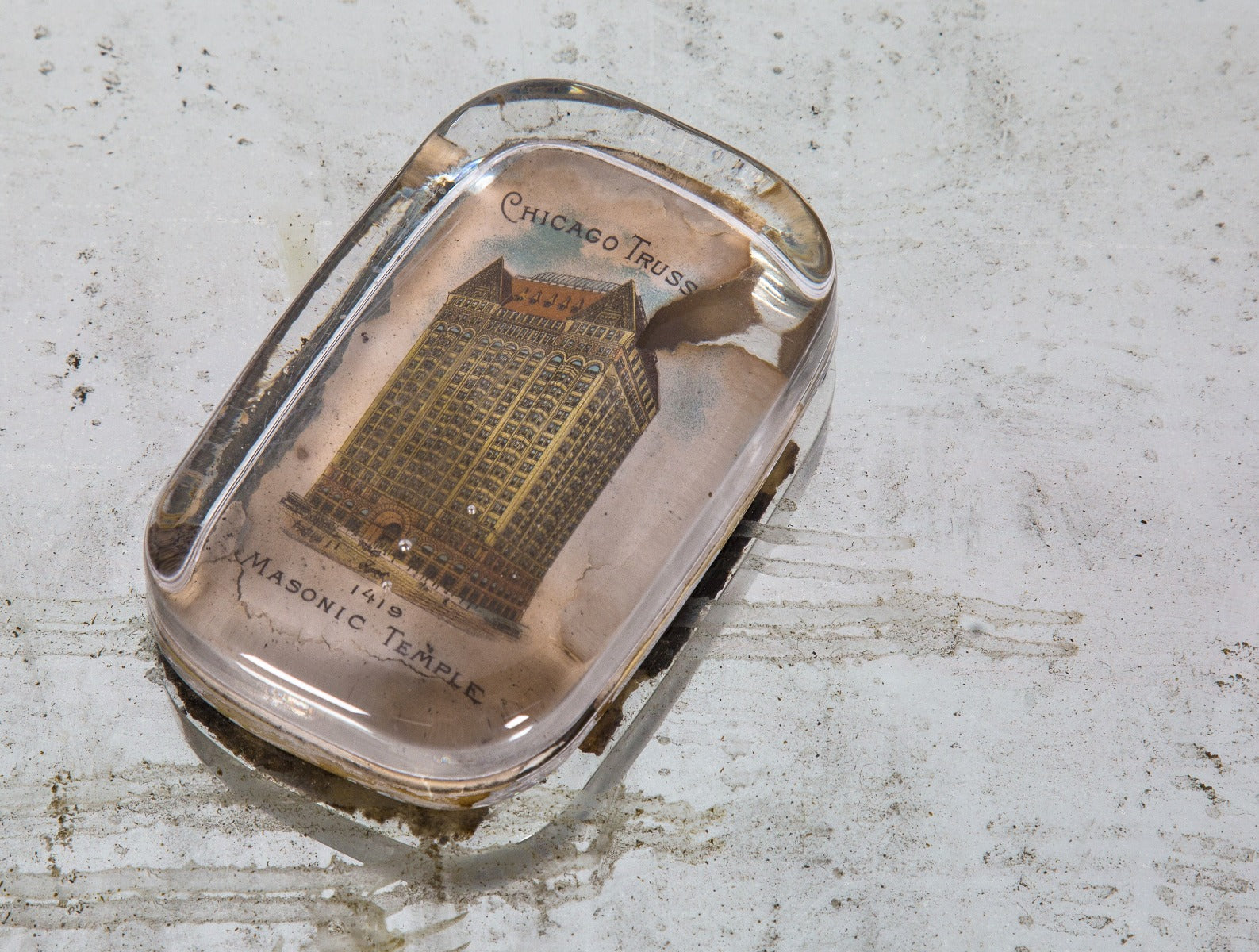 rare 19th century largely intact glass paperweight featuring burnham and root's masonic temple buildinf