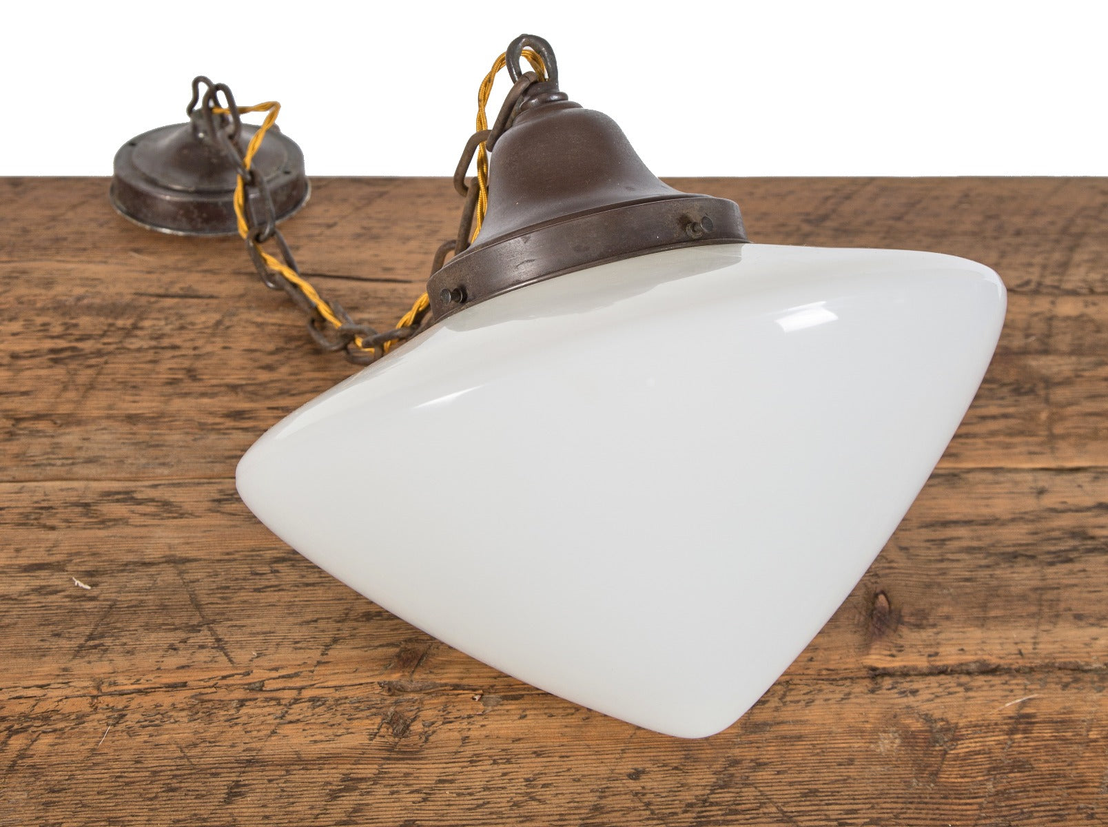 one of two matching original salvaged chicago interior residential hanging art deco pendant lights with white opalescent shade