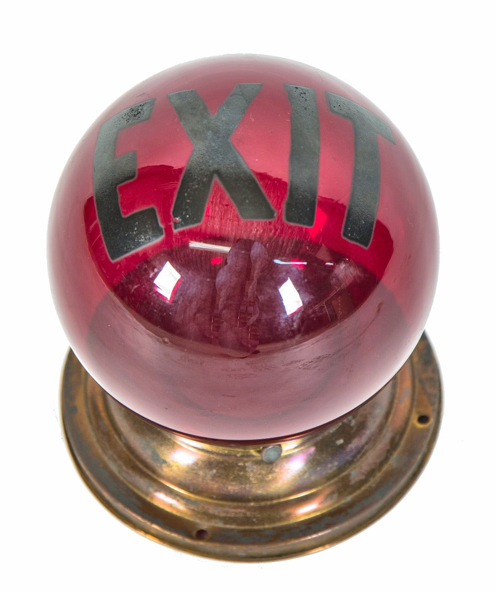 single 1920s american art deco ruby red glass wall-mount exit light or sconce with baked enameled bold black lettering