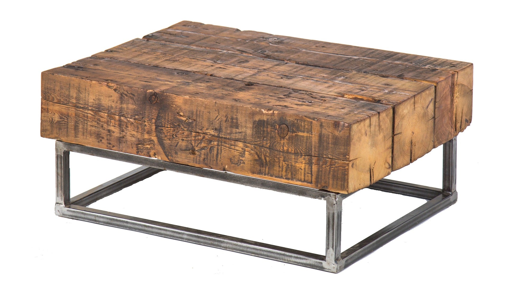 custom-built salvaged chicago welded-joint brushed tubular steel coffee table with old growth sill plate top