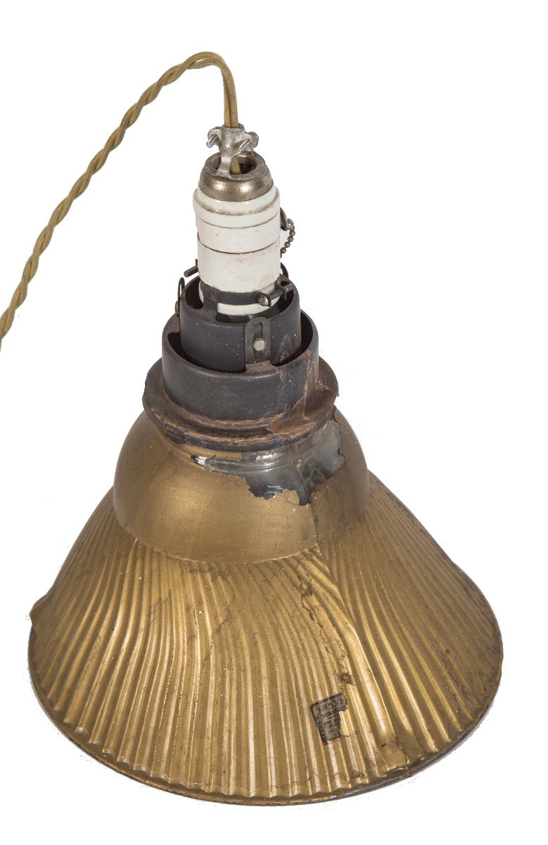 fully functional rewired early 20th century salvaged milwaukee curtis "x-ray" pendant light with braided lamp cord
