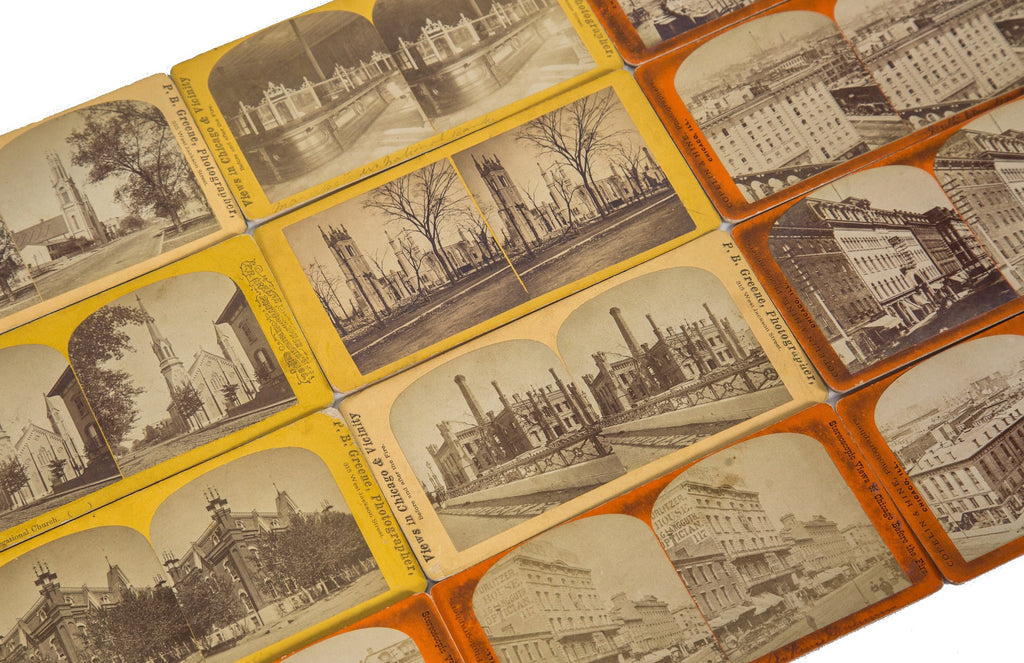 large lot of original pre-chicago fire antique american stereoview cards by photographer p.b greene