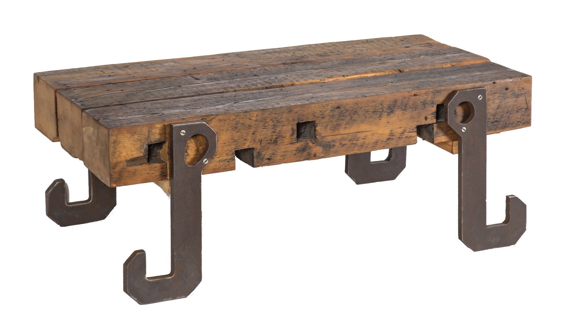 uniquely designed robust old growth pine wood repurposed industrial coffee table with oversized solid steel a. finkl foundry hooks