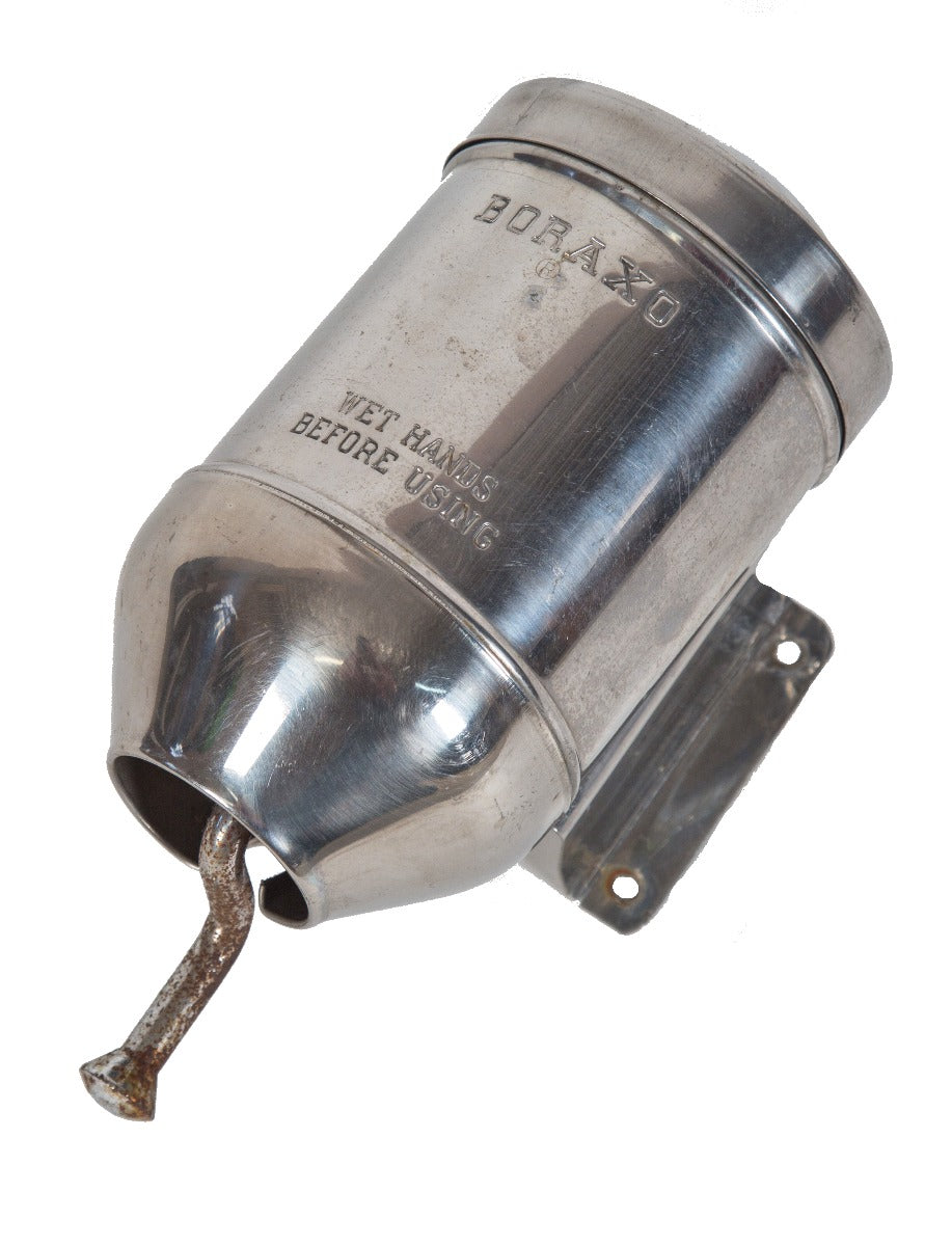 rare chrome-plated vintage american streamlined "boraxo" wall-mount truck stop soap dispenser with incised lettering