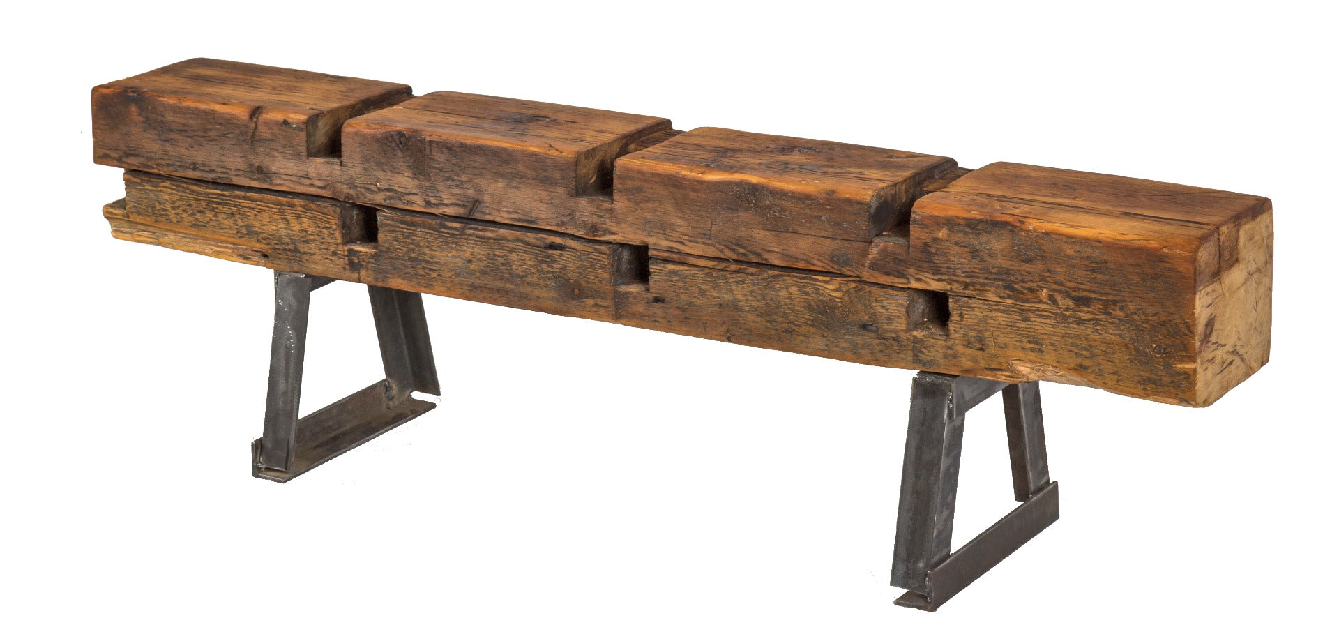 repurposed salvaged chicago worker cottage heavily notched sill plate old growth pine wood sitting bench