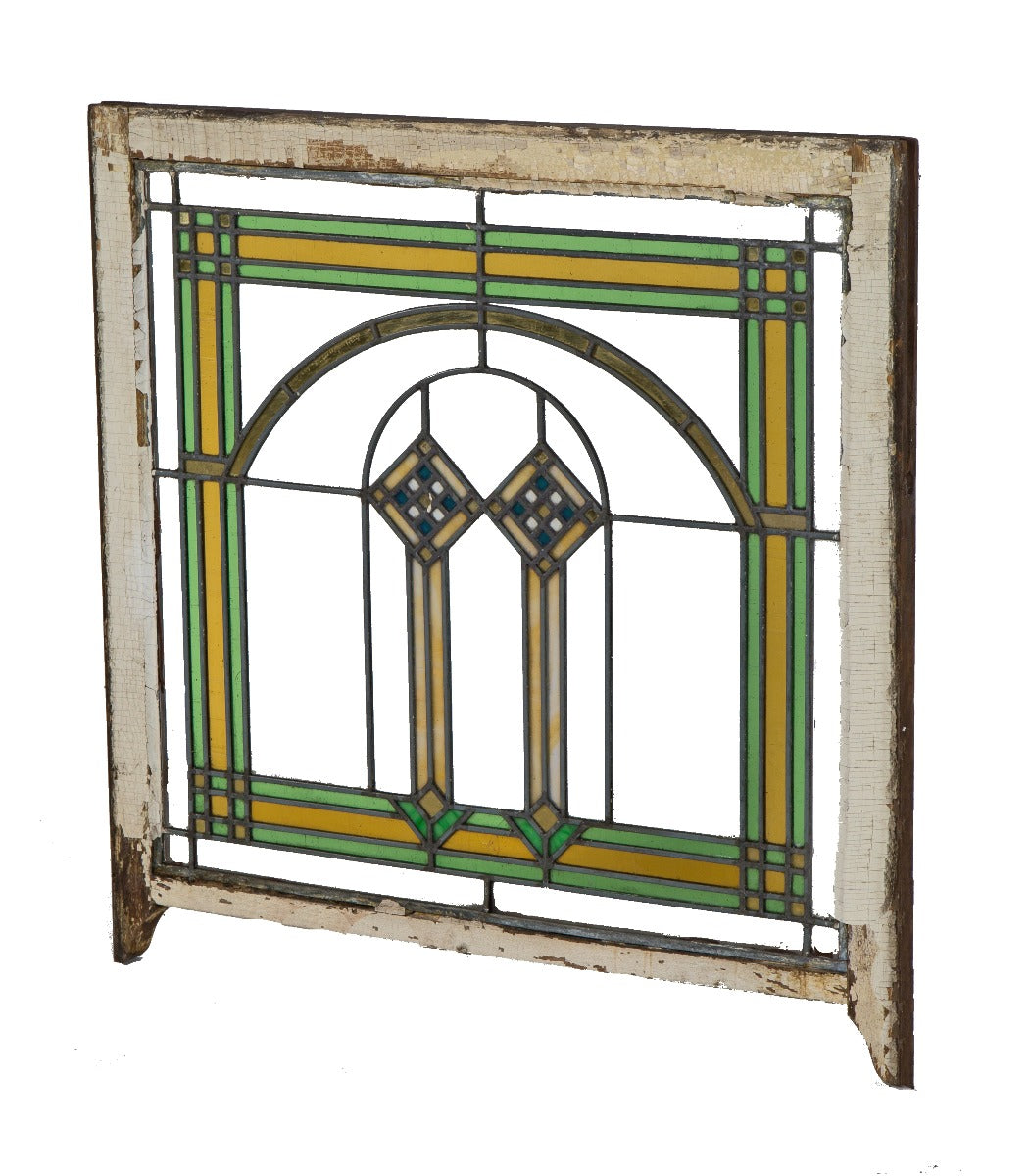original early 20th century antique salvaged chicago strongly geometric bungalow art glass window with original wood sash frame