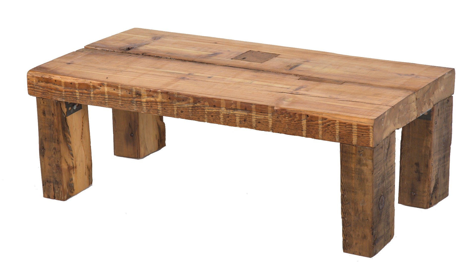 repurposed salvaged chicago old growth pine wood four-legged coffee table with sanded and sealed finish
