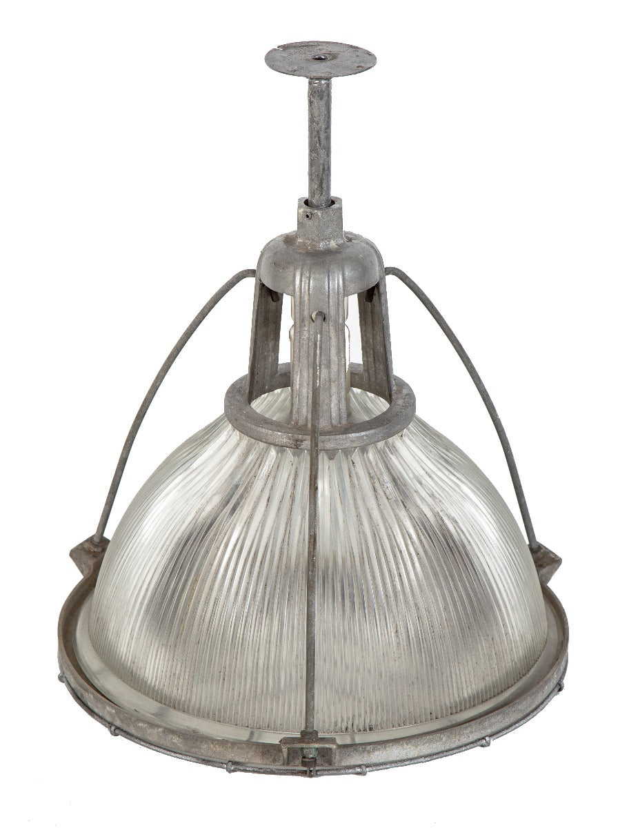 unusually large original salvaged chicago general electric assembly plant pendant light fixture with prismatic shade
