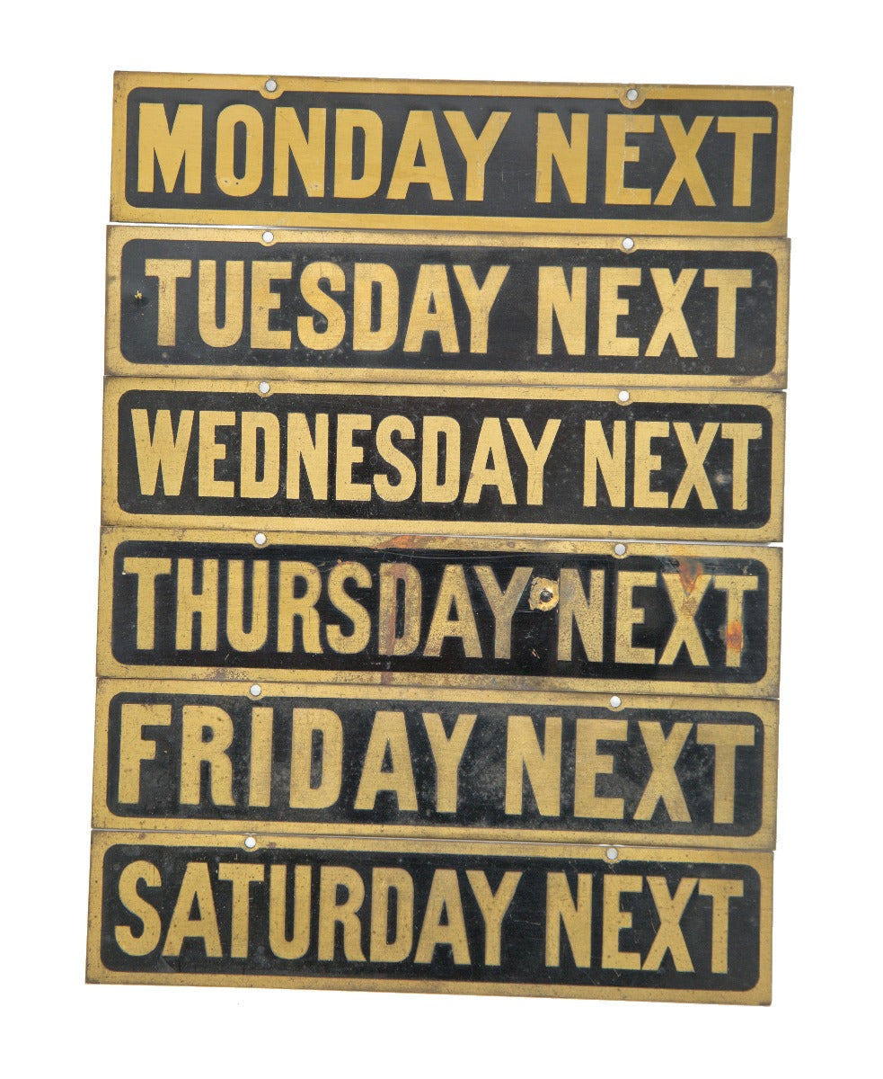 group of hard to find "new old stock" single-sided 1930s chicago bank building brass legal holiday signs