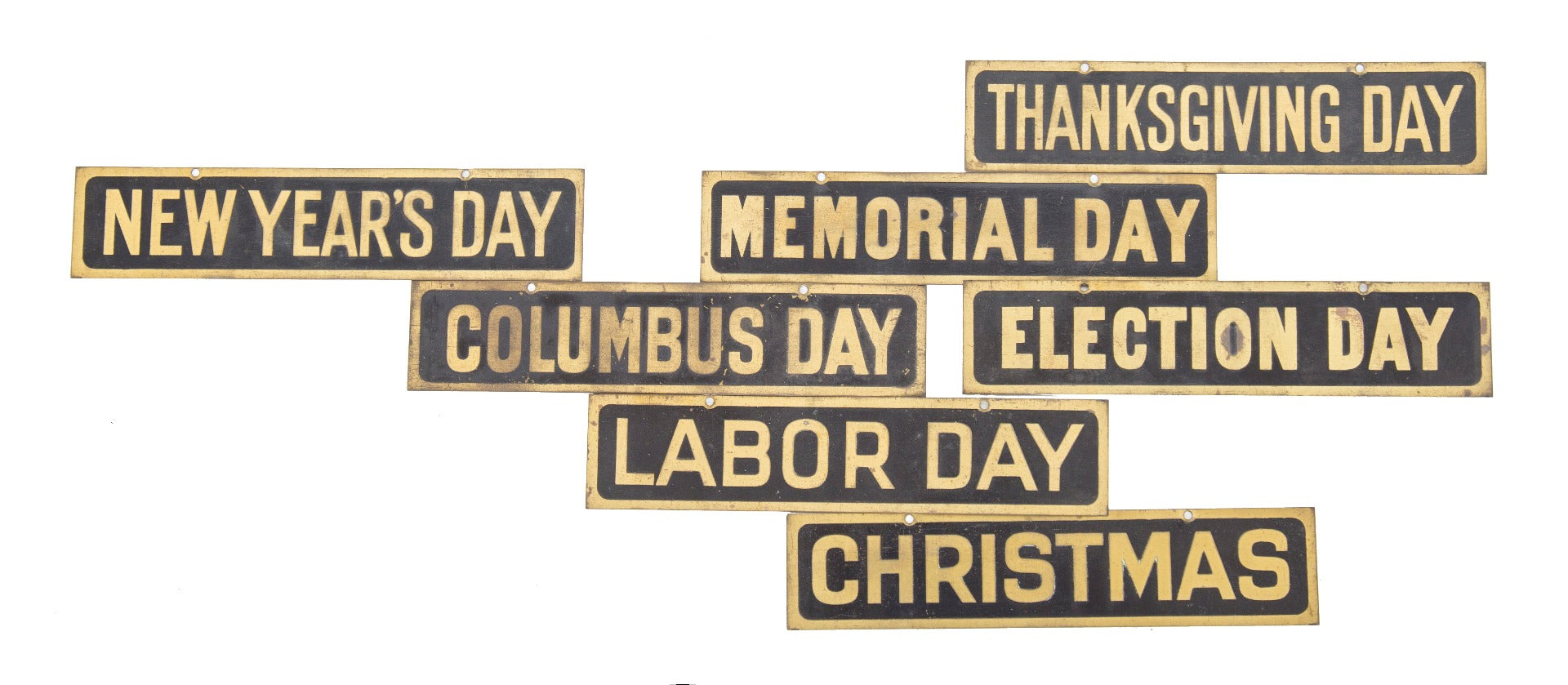 original and well-maintained "new old stock" depression-era stamped brass legal holiday bank building brass signs