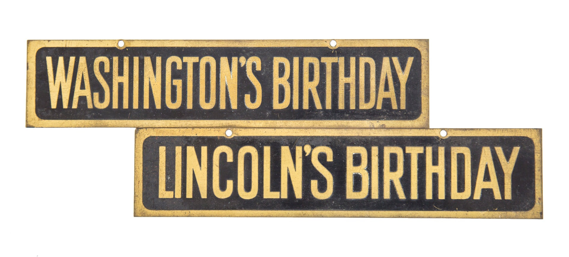 two original 1930s depression-era stamped brass salvaged chicago "new old stock" legal holiday signs