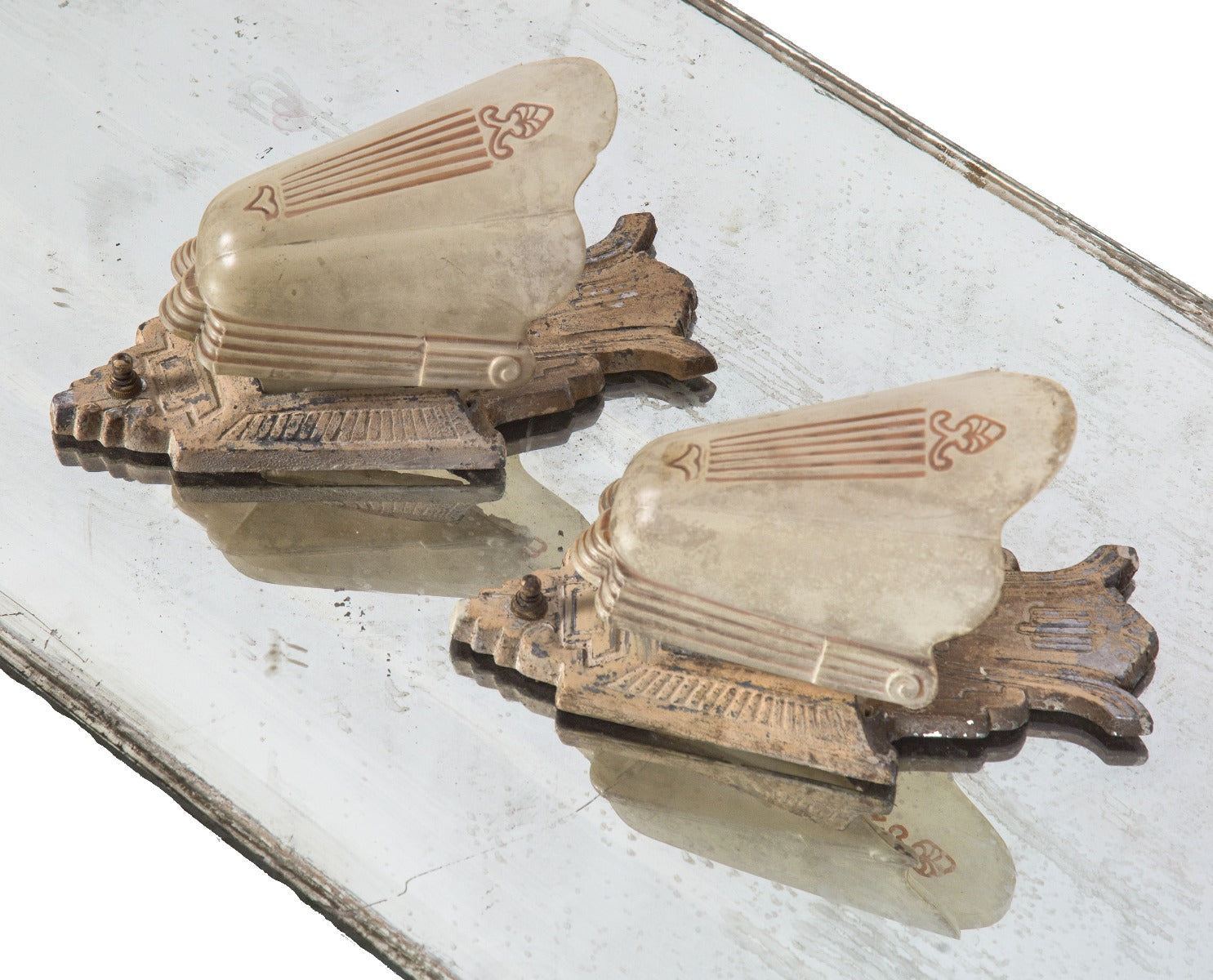 matching set of american depression-era salvaged chicago art deco style slip shade wall sconces with two-tone baked enameled shades
