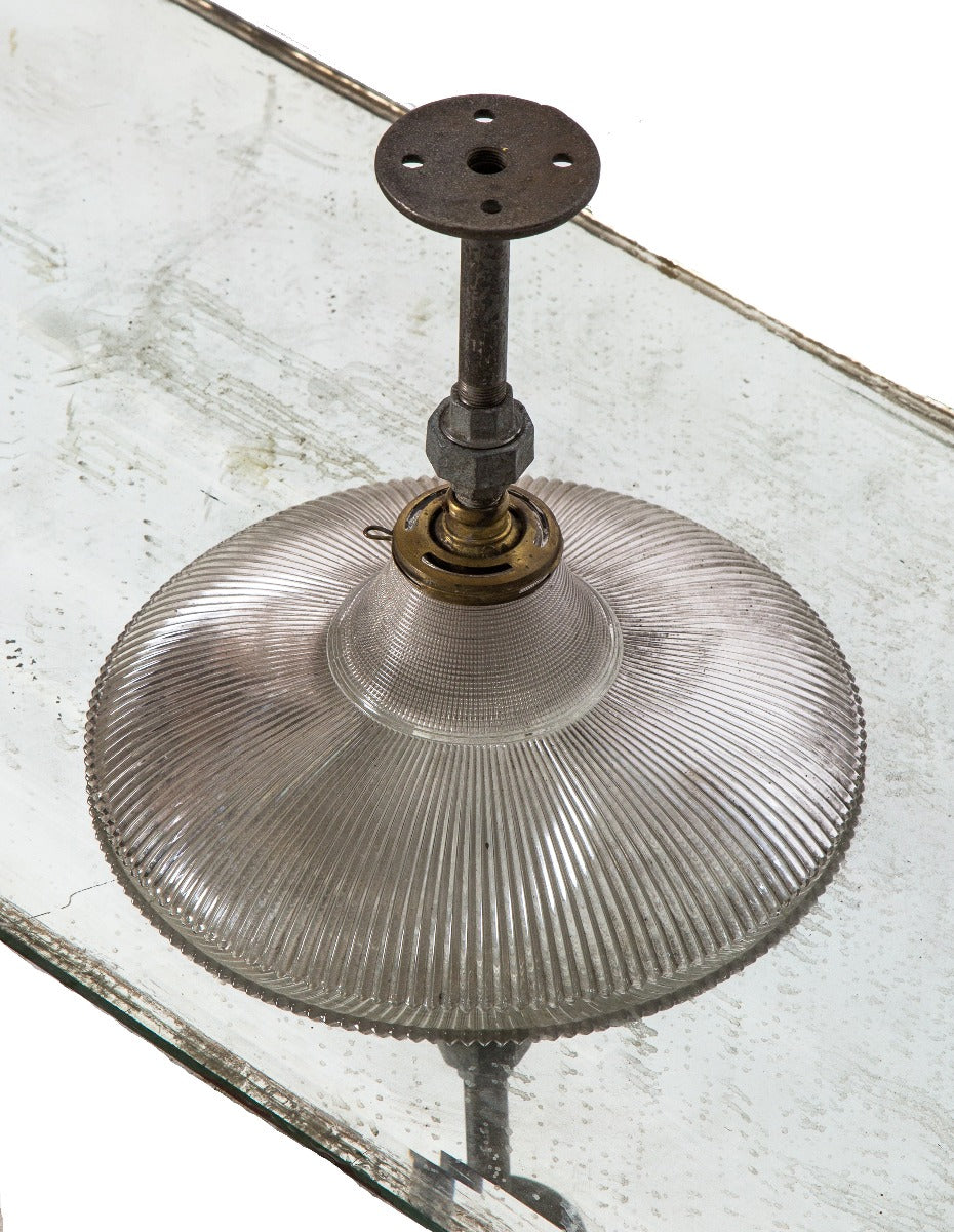 rare early 20th century american industrial salvaged chicago fluted holophane glass reflector pendant light