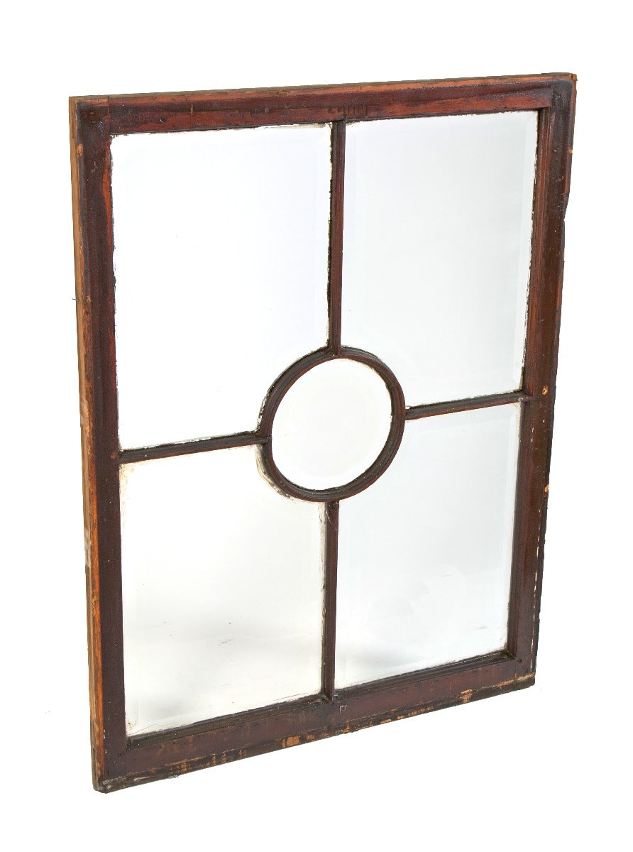 unusually designed all original salvaged chicago 1880's oversized deeply cut beveled glass window with wood muntin oculus