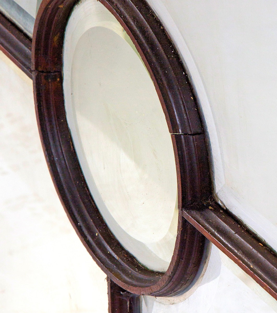 unusually designed all original salvaged chicago 1880's oversized deeply cut beveled glass window with wood muntin oculus