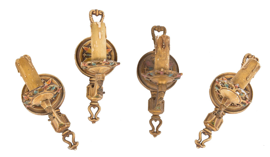 group of four all original and intact salvaged chicago bungalow single light wall sconces with intact polychrome enameled finish