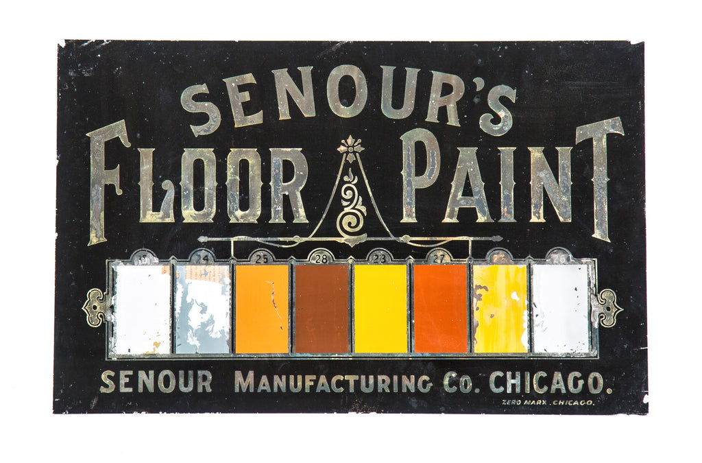 seldom found all original reverse-painted 19th century glass sign made by zero marx for senour's floor paints