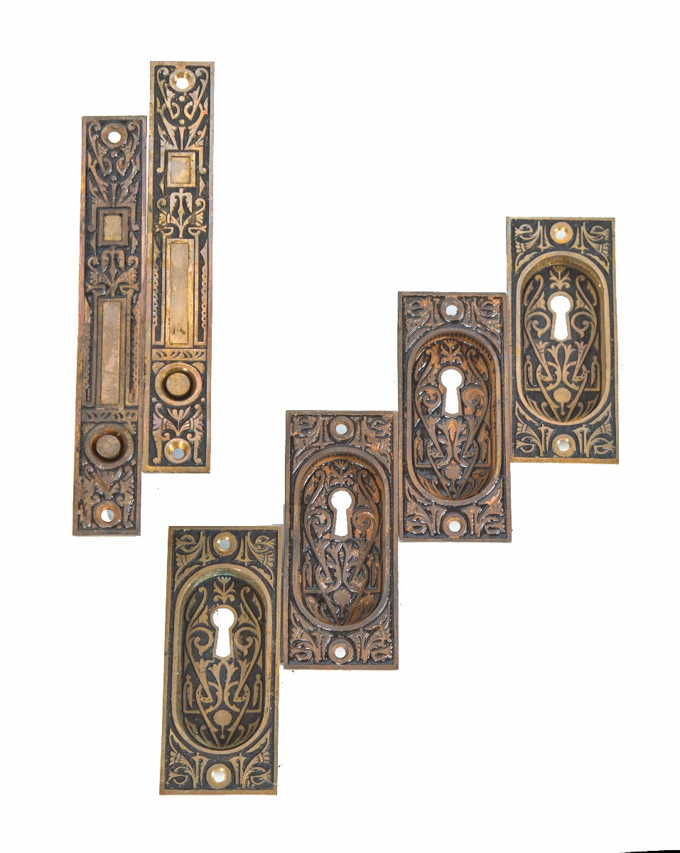 original 1880's antique american eastlake style salvaged chicago interior residential pocket door hardware for double door set